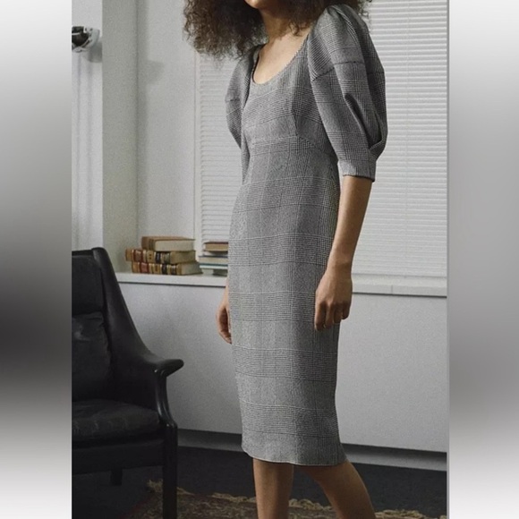 KHAITE Beatrice Puff Sleeve Houndstooth Print Sheath Dress in Black & White Sz 6 - Picture 1 of 11